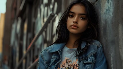 Fototapeta premium A young woman leans against a weathered wall.