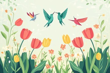 Modern flat illustration of a spring garden with tulips and hummingbirds, featuring a pastel color scheme and clean lines for a fresh, vibrant look.