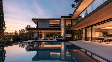 Obraz premium Modern luxury villa at sunset with pool and garden view
