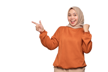 Excited young Asian woman in orange shirt pointing at herself isolated on transparent background