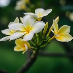 Fototapeta premium Closeup Photo Of A White And Yellow Plumeria Flower Blossom In Green Background