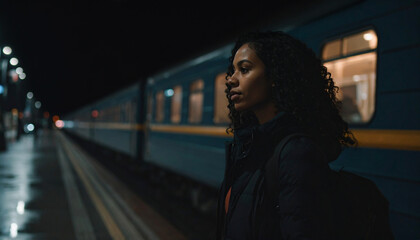 Fototapeta premium woman waiting on station platform. Woman stands alone woman on platform city train station at night. 