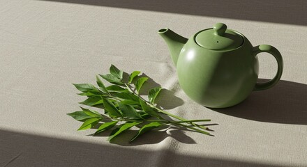 Elegant green teapot arrangement with fresh leaves on textured surface