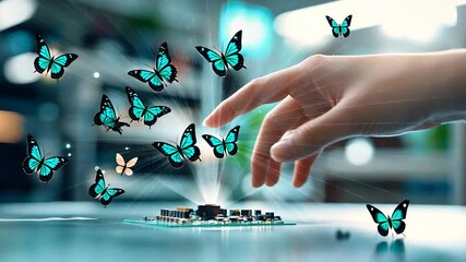 Hand interacting with digital butterflies over circuit board - Powered by Adobe