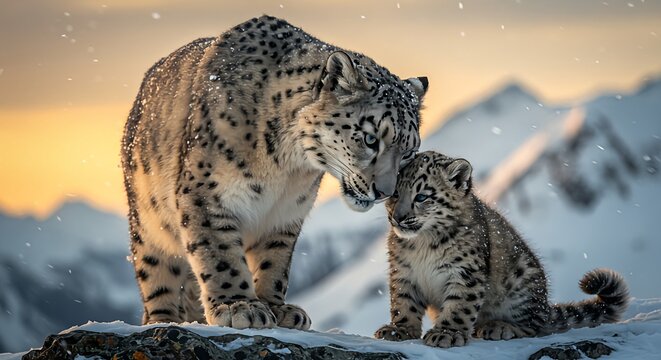 Snow leopard with cub in mountain landscape during snowfall