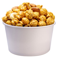 Caramel-coated popcorn with nuts, almonds, and cashew nuts in papper bucket on white background PNG FILE.