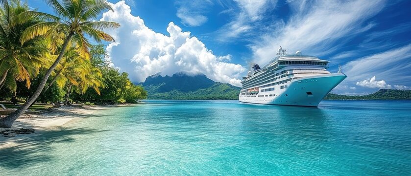 Cruise Ship Anchored off Tropical Island Coastline with Palm Trees and Blue Water