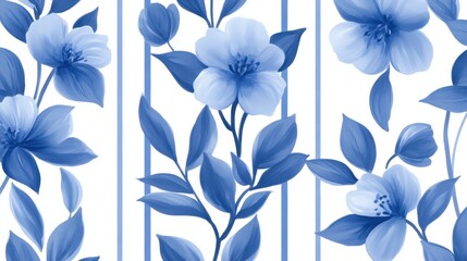 Blue floral pattern featuring delicate flowers and leaves on a white background, ideal for textiles