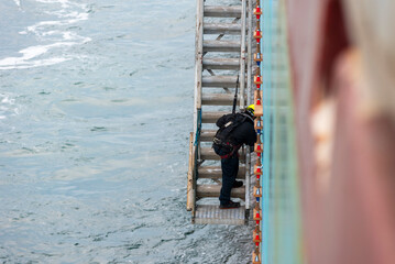 A deckhand prepares the pilot ladder as the ship readies for port entry. Secured in a safety...