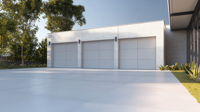 Fototapeta Modern light grey garage with three large doors, white brick exterior, clean concrete driveway, minimal landscaping, and bright natural daylight create calm and contemporary atmosphere