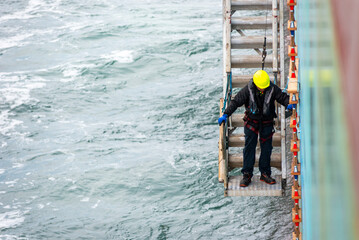 A deckhand prepares the pilot ladder as the ship readies for port entry. Secured in a safety...