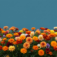 Colorful Flowers Bloom Against Teal Background Photo Nature's Delight