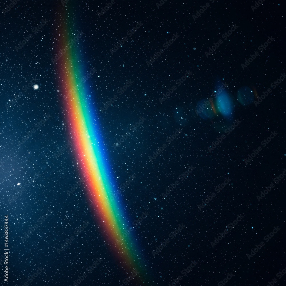 Poster colorful light spectrum bending through starry deep space field