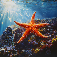 Vibrant Starfish Gracefully Resting on a Colorful Coral Reef Underwater
