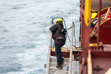 A deckhand prepares the pilot ladder as the ship readies for port entry. Secured in a safety...