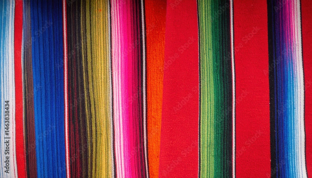 Poster vibrant, colorful textile pattern showcasing a variety of stripes in multiple hues, creating a livel