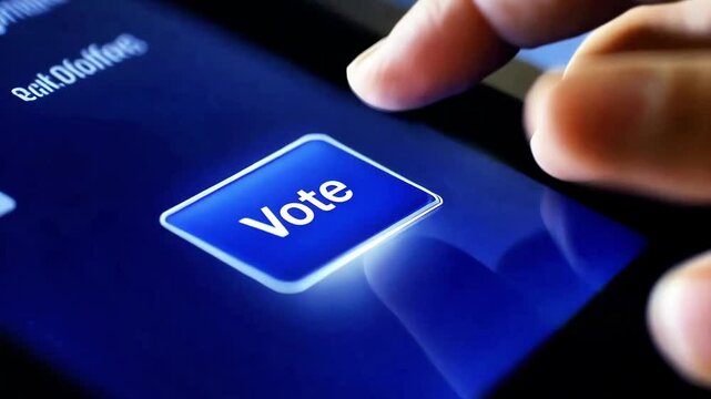 Digital voting concept with finger pressing vote button touchscreen device, technology and election participation modern society close up of finger about to press glowing blue vote button touchscreen