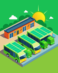 Naklejka premium The newly built solarpowered bus depot stands out with its bright green exterior and rows of sleek buses powered entirely by renewable energy.. Vector illustration