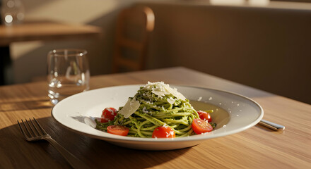 Gourmet pasta dish with pesto and tomatoes