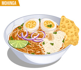 Mohinga Myanmar National Cuisine Detailed Illustration. Rice Noodles in Fish Soup with Boiled Egg, Onions, Lime, Crispy Fritter and Coriander Toppings. Traditional Burmese Breakfast