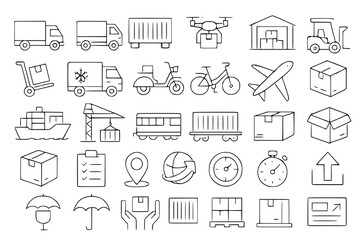 Fototapeta premium Vehicle public transport line icon set. Vector pictograms of metro, tram, monorail, ferry, bike, wheelchair, electric bus, thin linear illustration.
