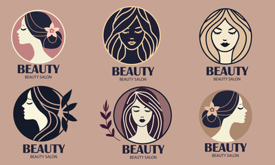 Illustration with elegant logos for beauty salons. Six female silhouettes with various hairstyles and decorative elements such as flowers and leaves. 