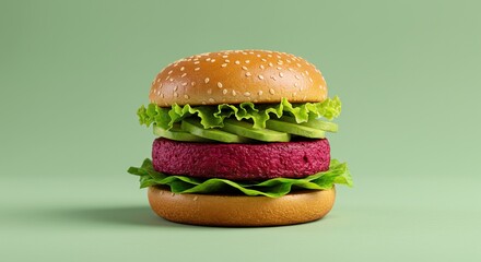 Delicious plant-based burger with beet patty and fresh vegetables on green background