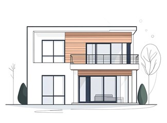 Flat vector illustration of a two-story house with a balcony, stairs, and a terrace on the first floor.