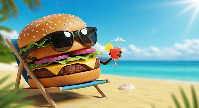 Fun beach day with relaxing burger character under the sun