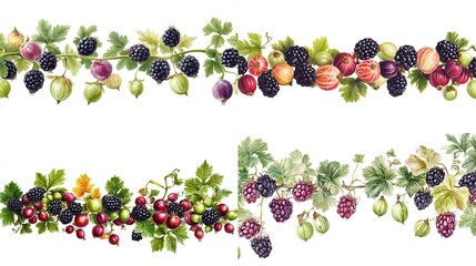Watercolor berry borders with various fruits and leaves