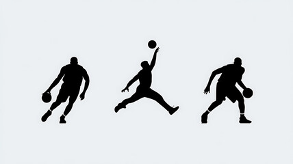 Basketball player silhouettes in dynamic poses against clean white background showcasing athleticism skill and sport