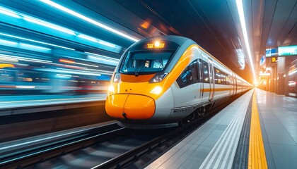Fototapeta premium Dynamic Motion of a Bright Modern Train Captured in Fast-Paced Urban Environment