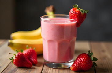 Strawberry and banana smoothie, strawberries and bananas are blurred in the background.