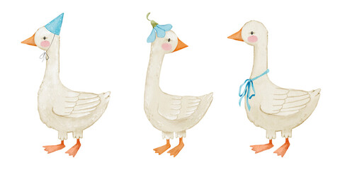 Goose in festive hat watercolor clipart