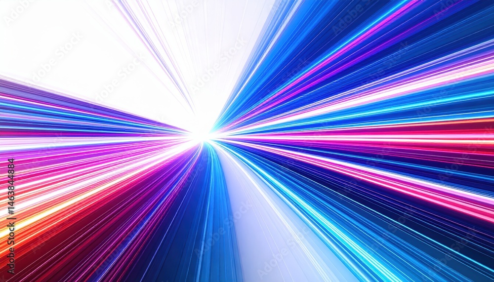 Poster vibrant beams of light radiate from a central point, creating a dynamic and energetic visual effect 