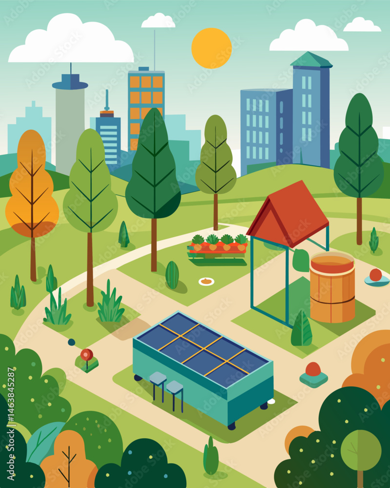 Poster an urban farm in the park kept alive by solarpowered irrigation systems and composting machines.. ve