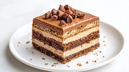 A piece of hazelnut cake with layers of praline cream on a white background