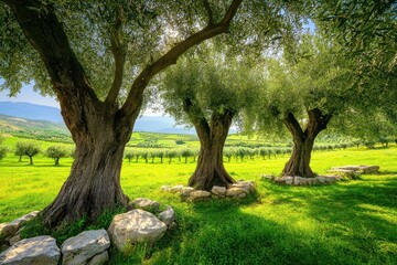 Obraz premium Lush olive groves stretch across a sun-drenched landscape, ancient trees stand tall, bathed in golden light. Stone walls and grassy fields surround