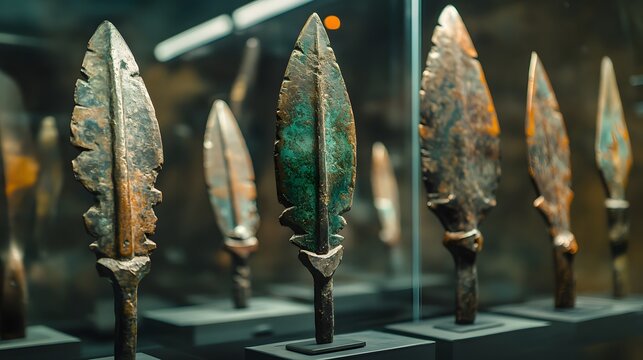 Ancient bronze weaponry displayed in a museum exhibit.