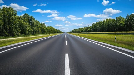Naklejka premium Highway Journey: Captivating Scenery of Serene Roadway, Lush Nature and Sky