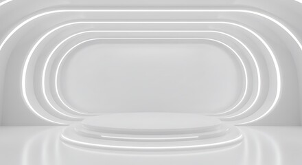 Obraz premium White futuristic background and empty stage or podium. Future modern interior concept. Platform for design