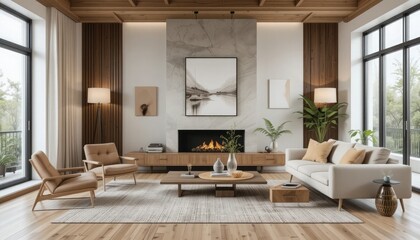Stylish Scandinavian Lounge. Scandinavian-style living room featuring sleek furniture and organic design elements. Ideal for modern lifestyle or home décor visuals. Home decor