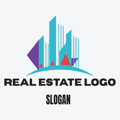 Real Estate Logo Vector - Modern cityscape design with stylized buildings in blue and purple. Ideal for real estate companies, property developers, and architectural firms. The clean and professional 