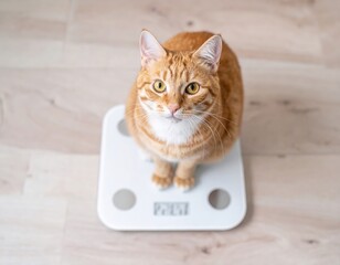 A curious orange cat sits on a pet scale, looking directly at the camera with bright eyes, showcasing its playful personality and healthy weight monitoring