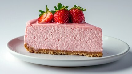 A piece of low-carb strawberry cheesecake on a white background