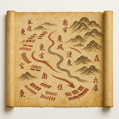 Detailed Ancient Map Illustrating Strategic Military Routes and Geographical Features in a Mountainous Region