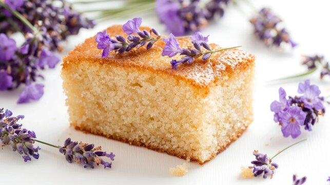 A piece of lavender honey cake with edible flowers on a white background