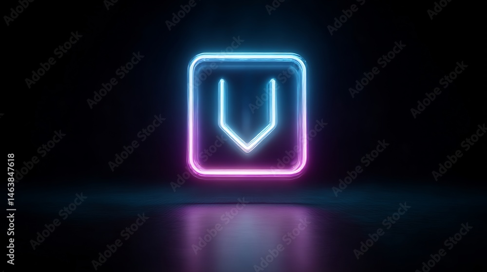 Poster neon illuminated down arrow within a square shape on a dark background