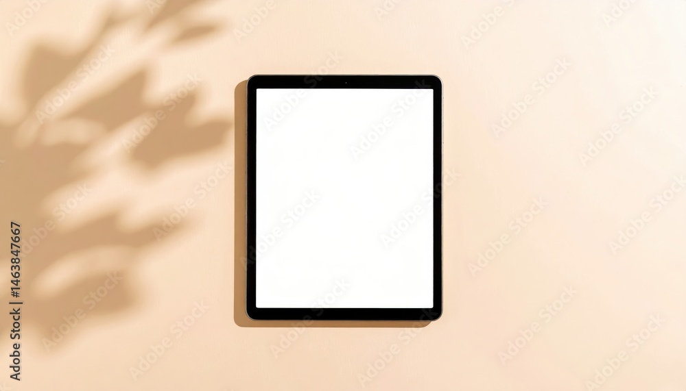 Poster a minimalist tablet lies on a soft surface, casting a gentle shadow, inviting creativity and communi