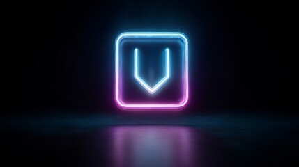 Neon illuminated down arrow within a square shape on a dark background